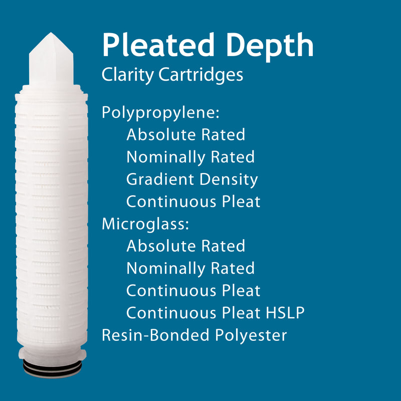 Filter, Clarity, liquid filtration, cartridges, Strainrite, pleated depth, polypropylene, microglass, resin-bonded polyester, absolute-rated, nominally rated, gradient density, high solids loading, hsl, continuous pleat